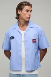 Mens Oversized Boxy Stripe Patch Half Sleeve Shirt - Blue Cotton - Size Small