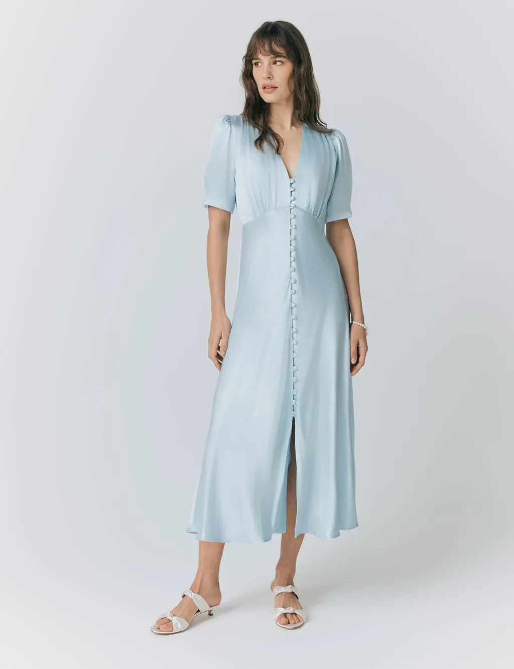 Satin V-Neck Button Through Midaxi Tea Dress Light Blue female - GHOST - FashionsVida