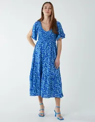 Floral Midi Dress With Angel Sleeve - 8 / BLUE - female