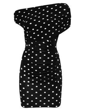 Draped Polka Dot Knit Mini Dress with Asymmetrical Neckline
