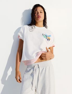 T-Shirt Manches Courtes Oversize Imprimé Xs Blanc Cassé