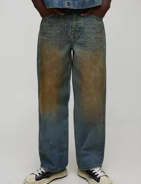 Men's Relaxed Fit Studded Embellished Denim Jeans Antique Wash Size 34R Antique Wash 34R - boohooMAN - FashionsVida