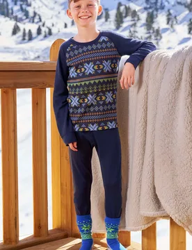 Jacquard' Kids Unisex Merino Base Layer Set Quick Wicking Hiking Top & Pant Dark Blue - Size 13y - Mountain Warehouse - FashionsVida
