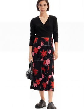 Robe midi croisée fleurs, Noir, XS