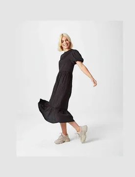 Women's Puff Sleeve Relaxed Mid Dress in Black Size: 10 - Black - Size: 10 - Urban Bliss - FashionsVida