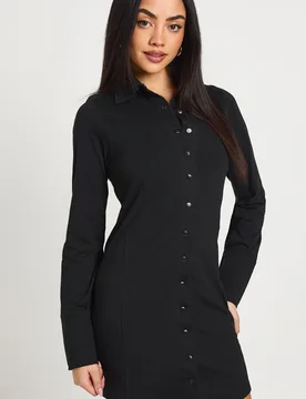 Womens Popper Front Collared Long Sleeve Dress - Black Cotton - Size 10 Uk - Boohoo - FashionsVida