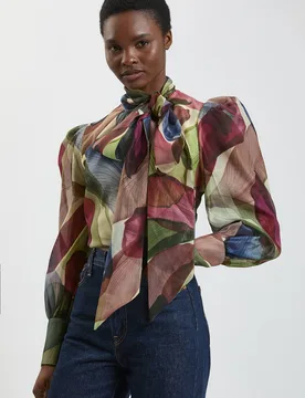 Women's Petal Print Organza Pussybow Blouse Size: 10 - Multicolor - Size: 10 - Karen millen - FashionsVida