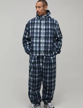 Mens Regular Fit Nylon Check Zip Through Funnel Tracksuit - Navy Cotton - Size Medium - boohooMAN - FashionsVida