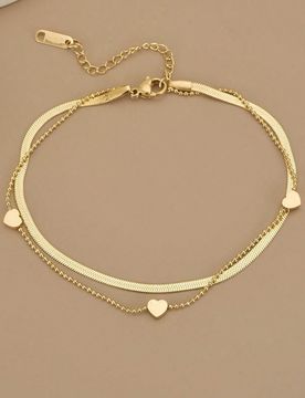 Pieza Tobillera de mujer de acero inoxidable de doble capa con corazón pulido minimalista, cadena de cuentas, cadena de serpiente, tobillera, joyerí