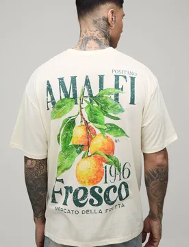 Men's Tall Oversized Amalfi Lemon Print T-Shirt Ecru Size Large Ecru L - boohooMAN - FashionsVida