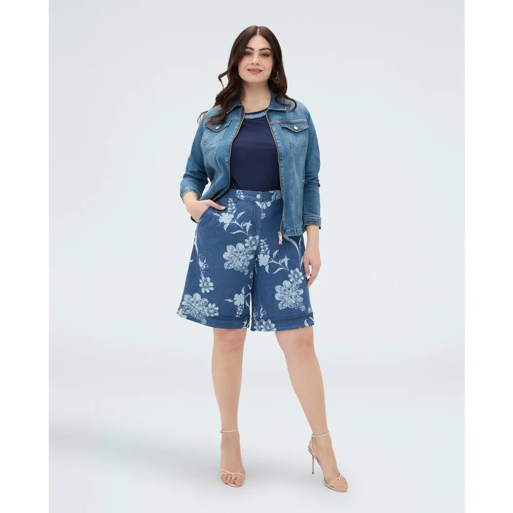 Bermudas de mujer de denim con estampado foliage delavé ajuste y diseño para el máximo confort - Fiorella Rubino - FashionsVida
