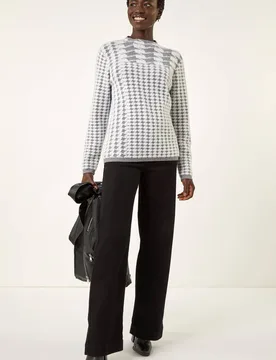 Women's Intarsia High Neck Knit Jumper in Grey Size: 10 - Grey - Size: 10 - Roman - FashionsVida