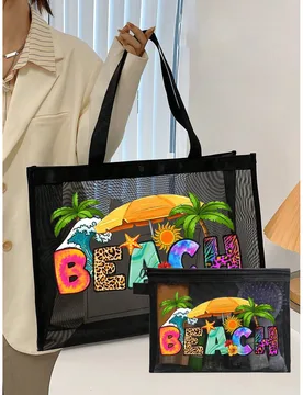 Bolso de malla negra y juego de bolsas, con diseño de estilo de playa con estampado de letras de colores, bolsa de cosméticos portátil, bolsa de pl - Shein - FashionsVida