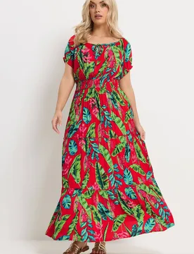 Women's Tropical Tie Neck Maxi Dress in Red Size: 30-32 - Red - Size: 30-32 - Yours - FashionsVida