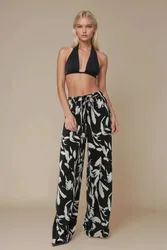 Womens Printed Wide Leg Pants With Drawstring - Black - Size X-Small