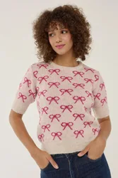 Womens Bow Patterned Short Sleeve Sweater - Pink - Size Small