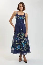 Embroidered Detail Organdie Midi Dress - Navy - Size: 14