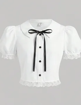 Camisa casual corta con cuello, botones y mangas con pétalos de encaje blanco para niña preadolescente - Shein - FashionsVida