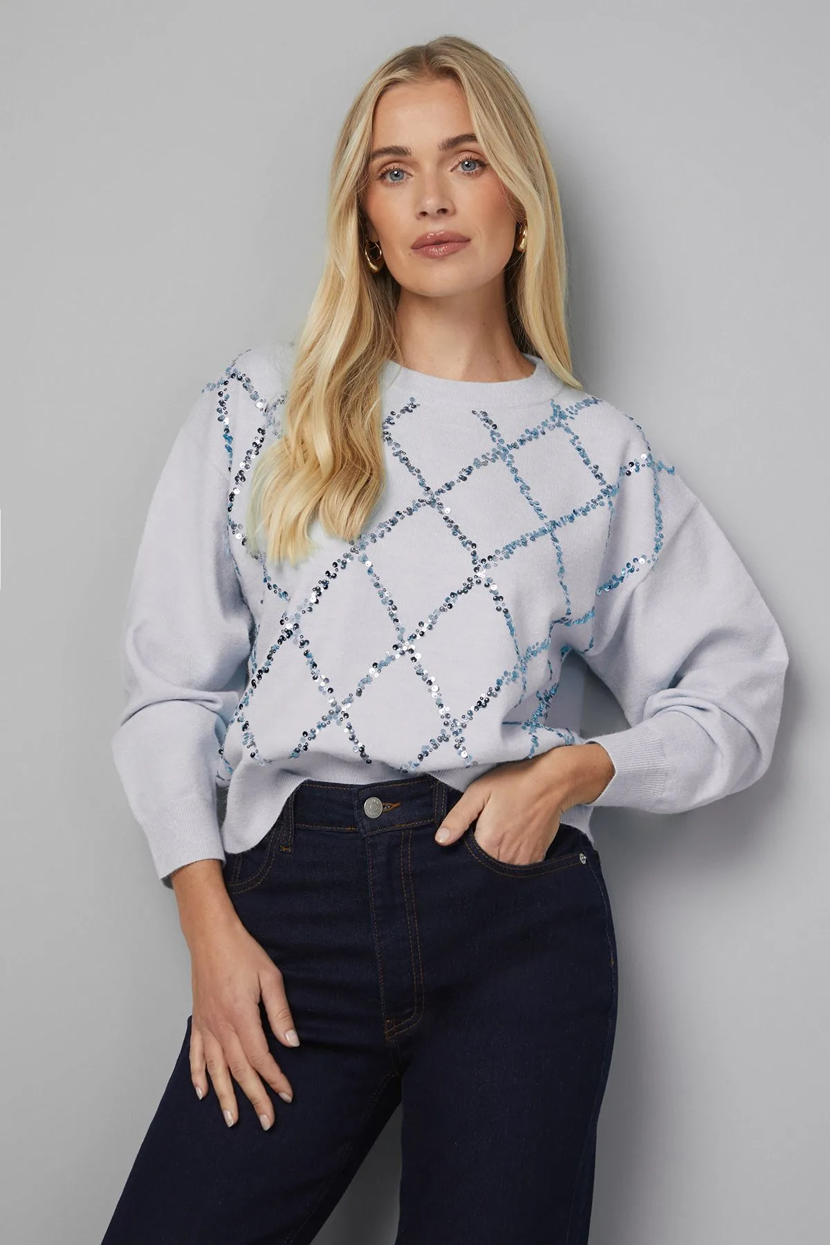 Womens Petite Sequin Diamond Jumper - Pale Blue - Size Medium - Wallis - FashionsVida