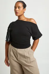 Womens Plus Off The Shoulder Ruched T-Shirt - Black Cotton - Size 20 Uk