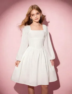 Vestido largo de manga larga con corte evasé y estilo elegante y lindo para niñas preadolescentes en Halloween, vestido blanco, adecuado para primav - Shein - FashionsVida