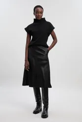 Womens Faux Leather Belted Full Skirt - Black Nylon - Size 6 Uk