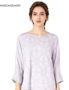 Women's Fashion Clothing Pink Purple 100%Natural Mulberry Silk Jacquard Flower Rose Seven Sleeve Round Neck Double Sided T-shirt - Aliexpress - FashionsVida