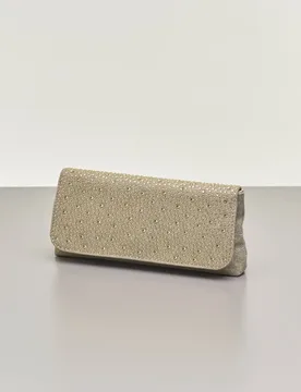 Pochette a busta color oro in lurex con strass tono su tono applicati sulla patta di chiusura - Anna Cecere - FashionsVida