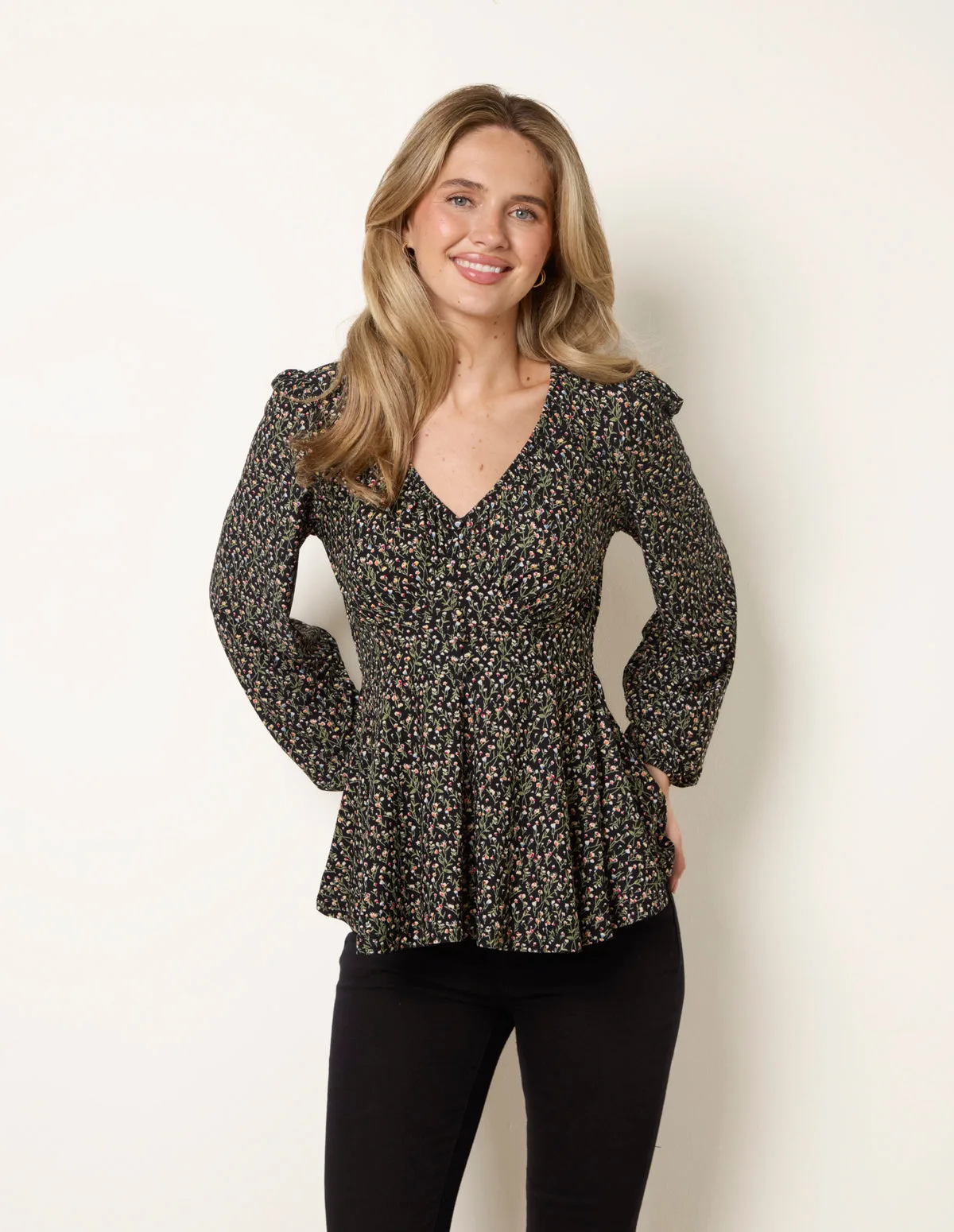 V Neck Button Front Peplum Top - L/XL / BLACK PATTERN - female - Blue Vanilla - FashionsVida