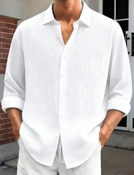 Camisa casual básica de tela a rayas para hombre, holgada, de manga larga y cuello vuelto - Shein - FashionsVida