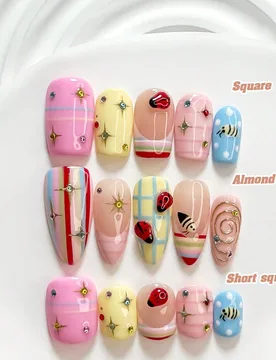 Piezas de uñas postizas hechas a mano lindas, set de arte de uñas de polygel, diseño de insecto con strass colorido, esmalte de uñas azul, rosa y - Shein - FashionsVida