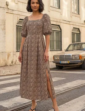 Women's Animal Print Midi Dress in Camel Size: 12 - Camel - Size: 12 - Dusk - FashionsVida