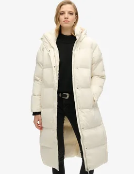 Superdry Damen Lang Geschnittener Steppmantel mit Kapuze Weiß - Größe: 44 - 199.99 - FashionsVida