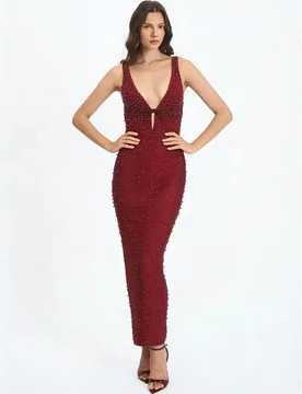 Red Pearls Prom Dress Sexy V Neck Sleeveless Backless Bandage Sheath Long Party Gown Formal Wedding Guest Birthday Evening Robe - Aliexpress - FashionsVida