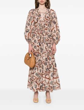 Maxi Dress with Pleated Skirt and Self-Tie Shirring