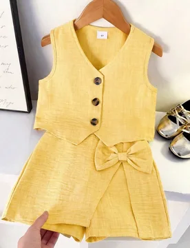 Conjunto de 2 piezas de top y falda pantalón marrón claro con decoración de lazo para sesión de fotos para niña - Shein - FashionsVida