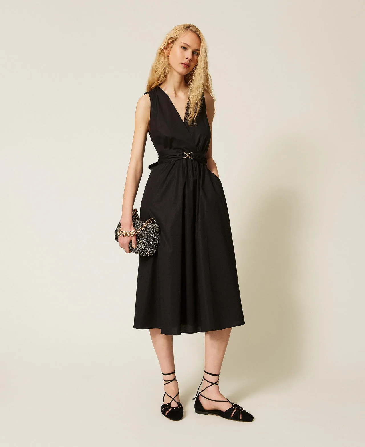 Robe midi en popeline avec ceinture siglée - TWINSET - FashionsVida