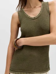 Cotton Rich Textured Whipstitch Knitted Vest Dark Khaki female