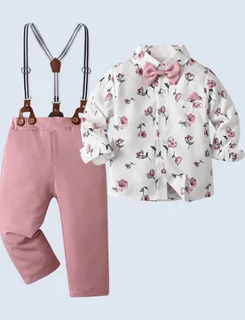 Piezas Conjunto de caballero para niños pequeños - Camisa con cuello y estampado con pajarita y pantalones con tirantes, de moda para fiesta de cump - Shein - FashionsVida