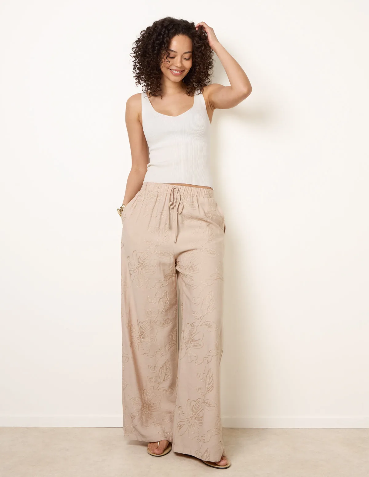 Embroidered Pattern Wide-Leg Trousers - S / STONE - female - Blue Vanilla - FashionsVida