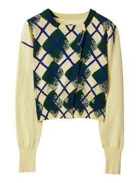 Maglione corto in cotone con intarsio a rombi
