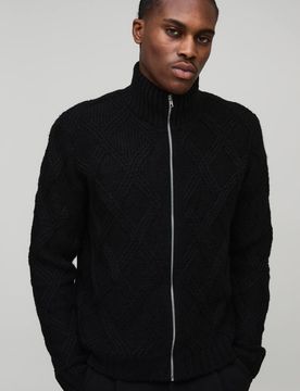 Herren Kastige Kreuzschraffur Durchgehend Reißverschluss Strickjacke Black Größe Large