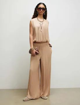 Satin Elasticated Waist Wide Leg Trousers Champagne female - River Island - FashionsVida