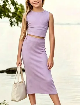Piezas/Set Vestido de niña y conjunto de chaleco corto casual de unicolor con decoración plisada - Shein - FashionsVida