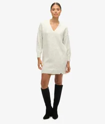 Superdry Damen Strickpulloverkleid mit V-ausschnitt Hellgrau - Größe: 40