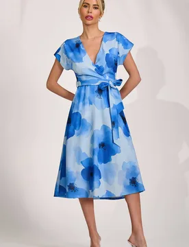 Women's Kimono Sleeve Print Scuba Midi Dress in Mid Blue Size: 12 - Mid Blue - Size: 12 - Jolie Moi - FashionsVida