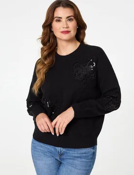Sequin Butterfly Detail Relaxed Jumper - Black - Size: 8 - Izabel London - FashionsVida