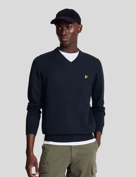 Men's Cotton Merino V Neck Jumper in Dark Navy - Lyle & Scott - FashionsVida