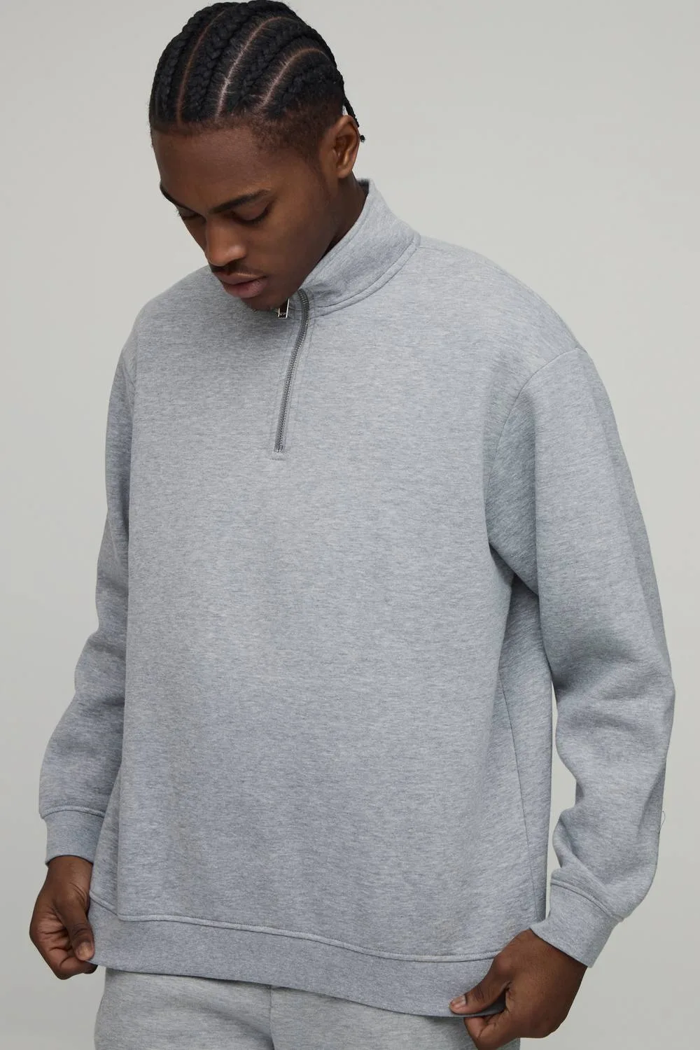 Herren Basic Oversized Viertel-Reißverschluss Stehkragen Sweatshirt Grey Marl Größe Small - boohooMAN - FashionsVida