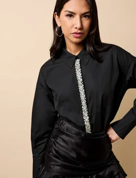 Women's Black Embelished Trim Detail Shirt Size: Small - Black - Size: S - Little mistress - FashionsVida